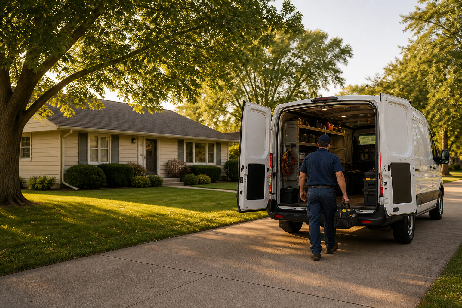 Service van parked in a driveway as a technician unloads tools