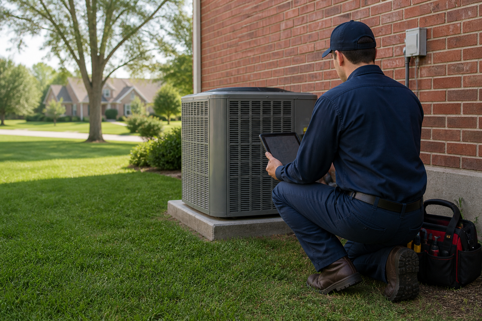 HVAC technician servicing an outdoor air conditioning unit at a Grandview, Missouri home