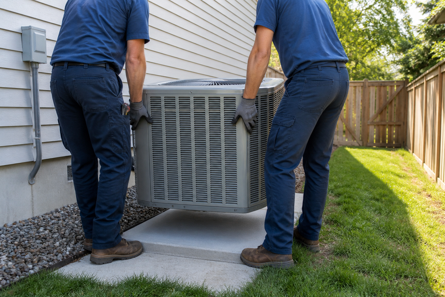Installers setting a new air conditioning condenser on a concrete pad