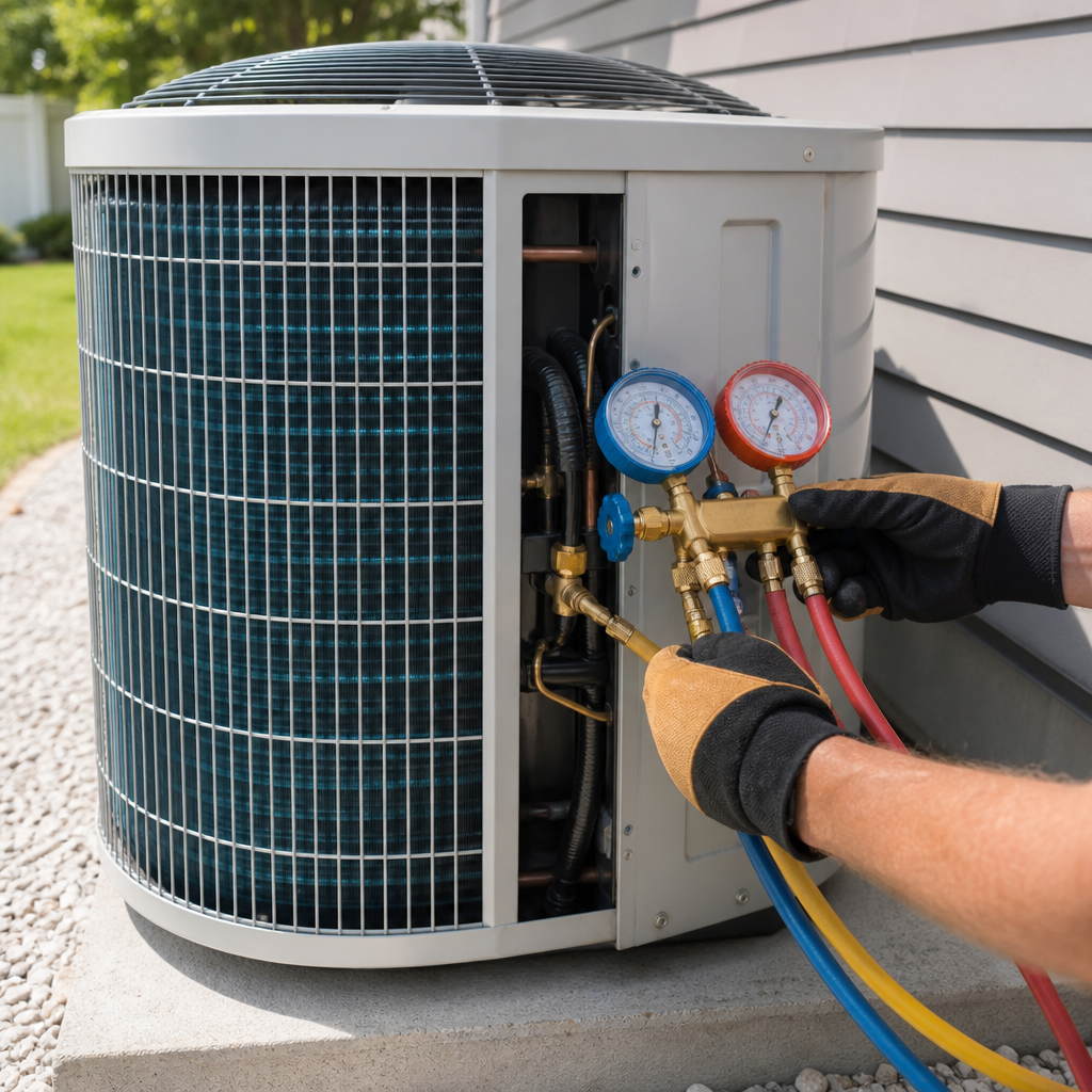 Technician checking refrigerant pressures during an air conditioning repair