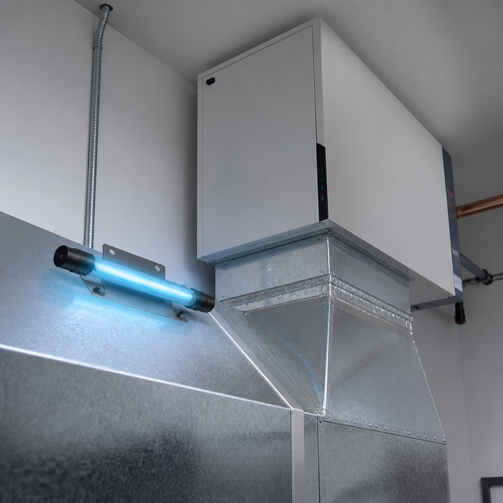 Whole-home media air cleaner and UV lamp installed on return ductwork