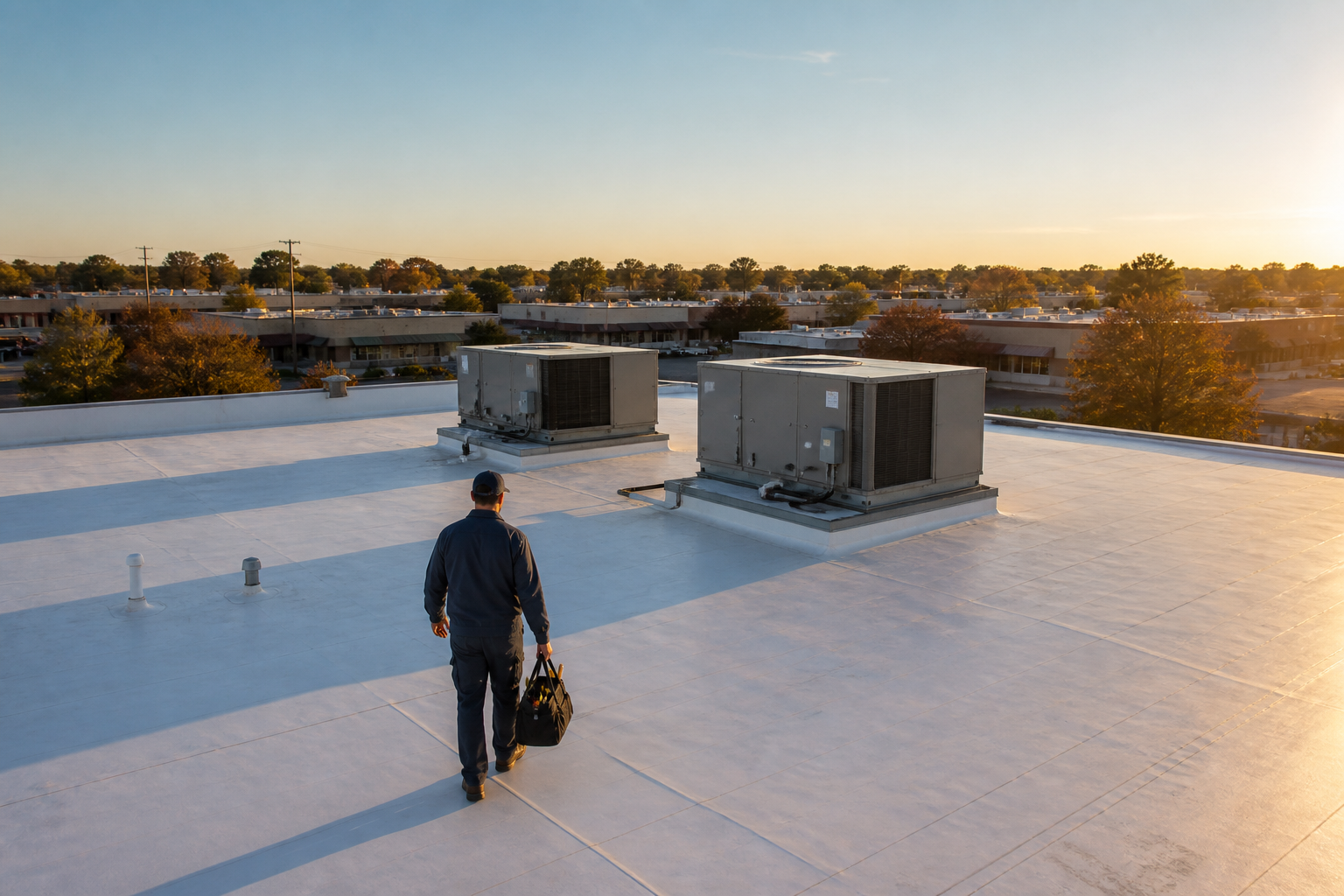 Rooftop packaged HVAC units on a small commercial building