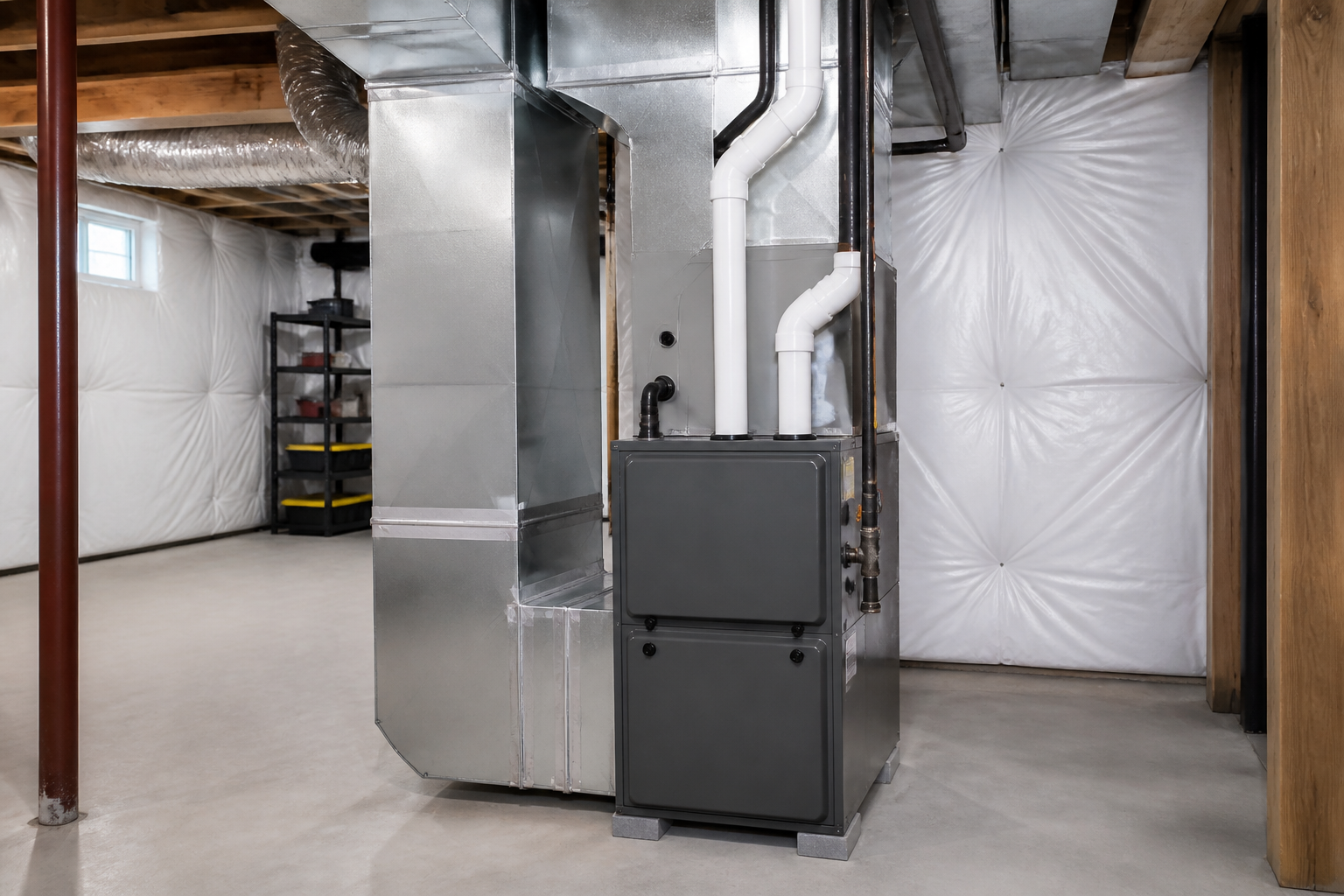Newly installed high-efficiency gas furnace with new ductwork and venting