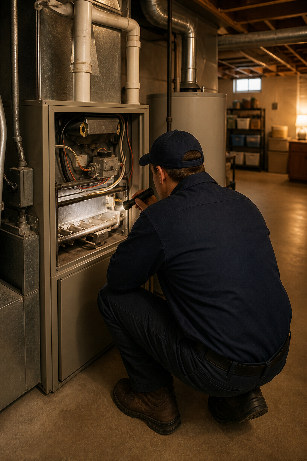 Technician inspecting the burner assembly of a residential gas furnace
