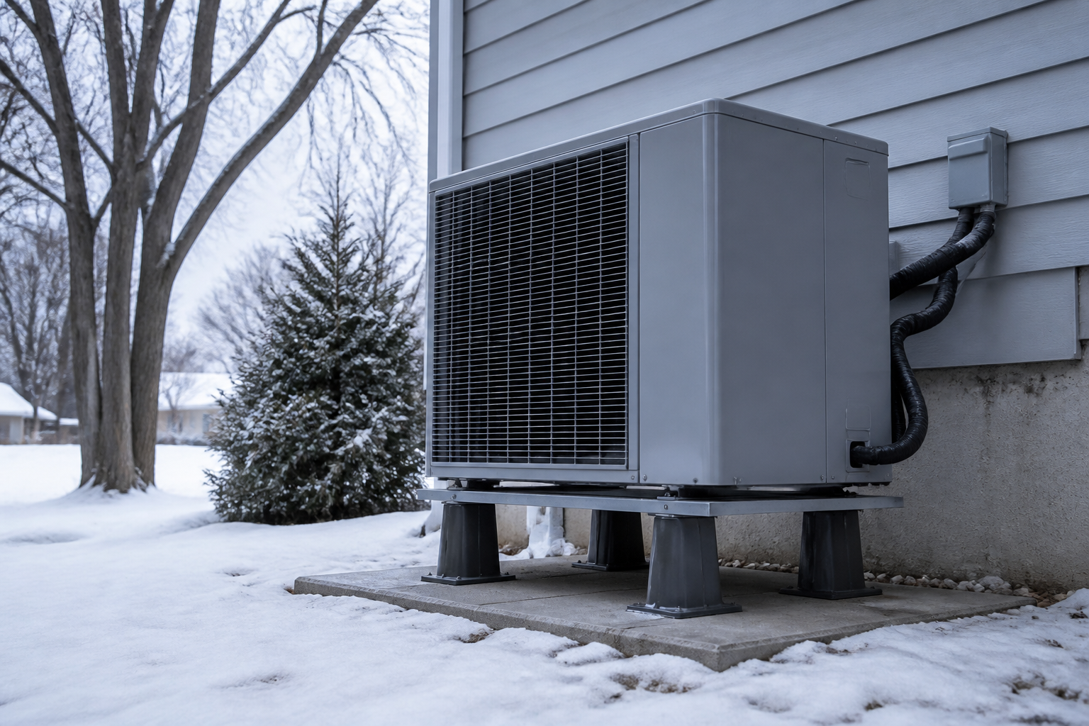 Outdoor heat pump unit running beside a home in winter