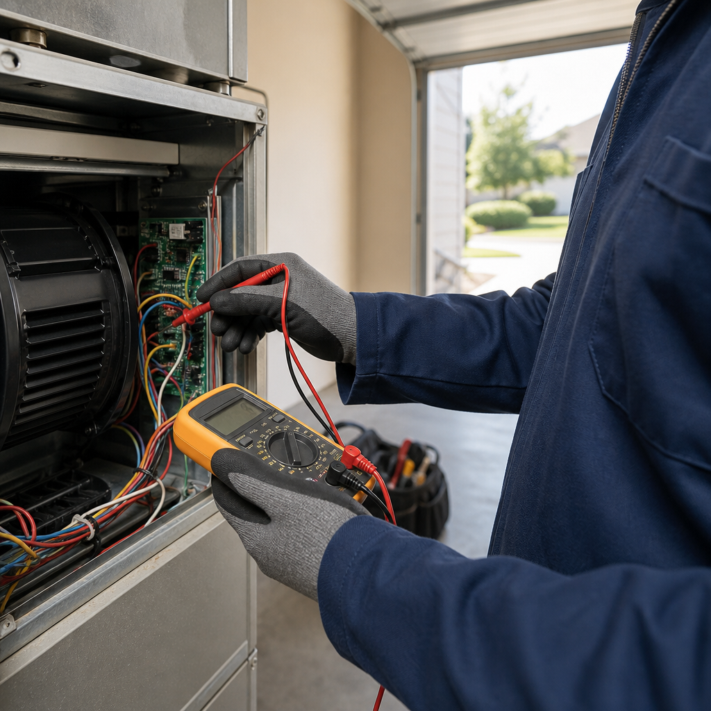 Technician testing blower components during a seasonal HVAC tune-up
