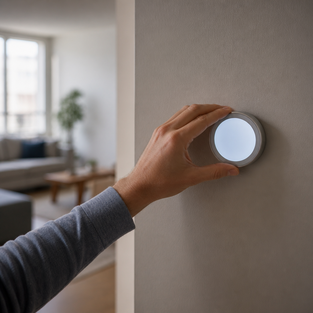 Homeowner adjusting a smart thermostat on a hallway wall